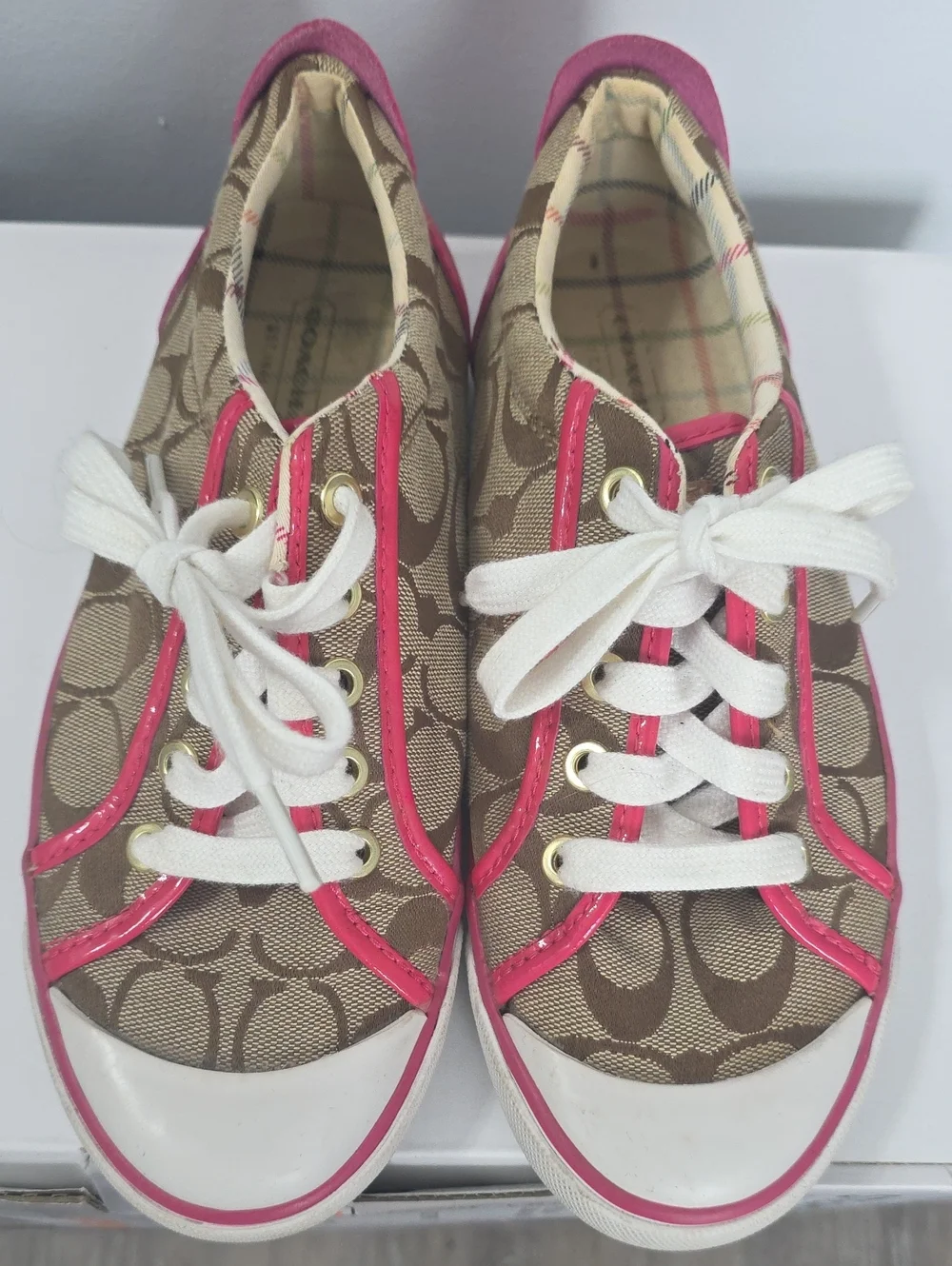 Coach Brown Signature Canvas Sneakers with Pink Trim